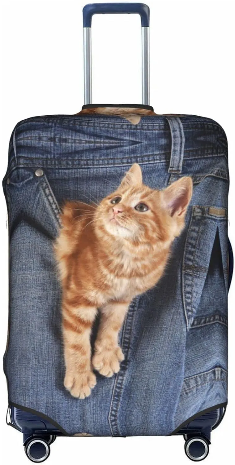 Cat Kitten Playing in Jeans Pocket Travel Luggage Cover Fits 18-32 Inch Luggage, Stretch Suitcase Cover Protector with Concealed Zipper for Wheeled Suitcase Tsa Approved