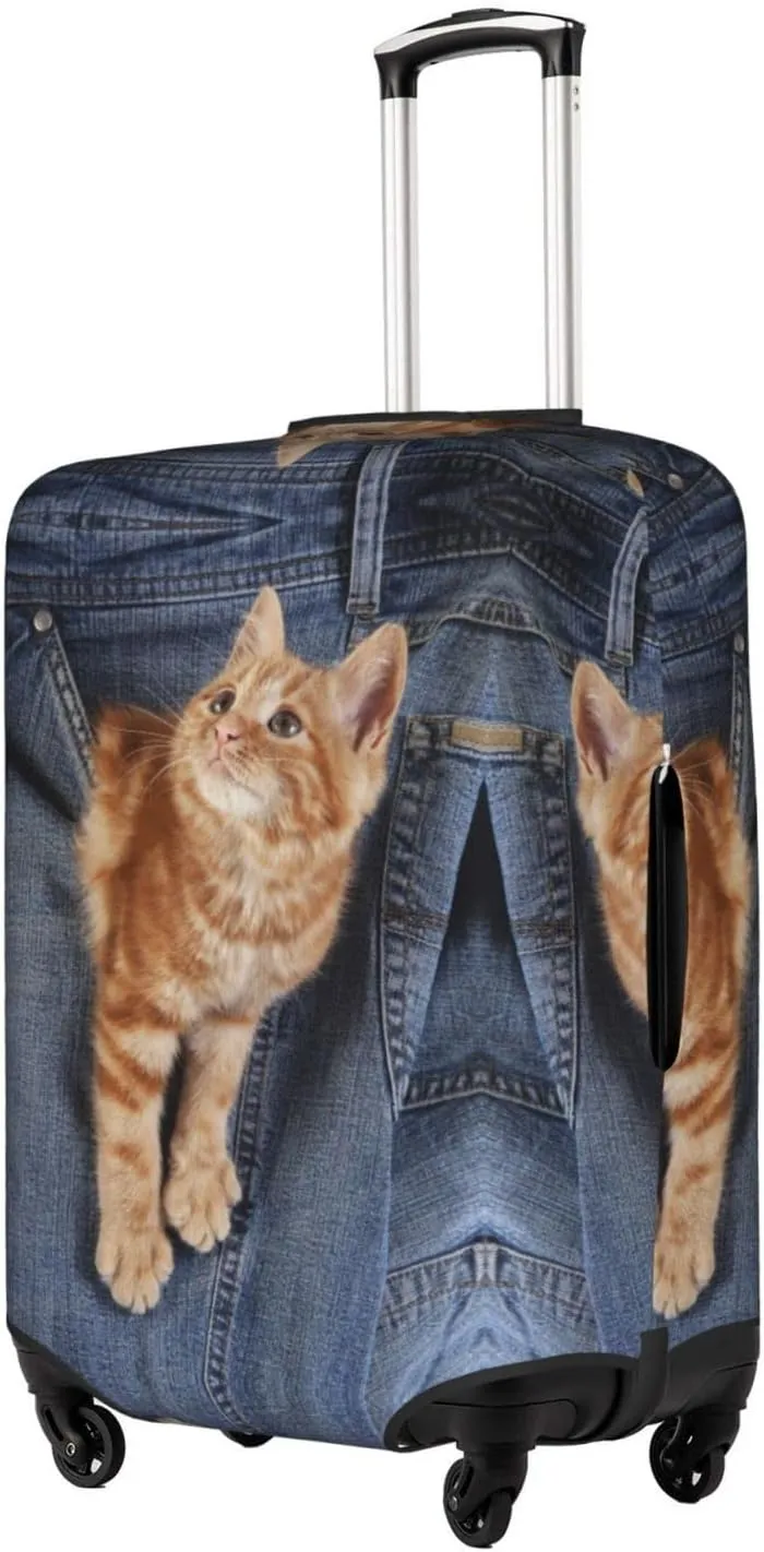 Cat Kitten Playing in Jeans Pocket Travel Luggage Cover Fits 18-32 Inch Luggage, Stretch Suitcase Cover Protector with Concealed Zipper for Wheeled Suitcase Tsa Approved