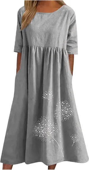 Ceboyel Women Cotton Linen Maxi Dress Dandelion Print Short Sleeve Dresses Boho Causal Summer Dress Cute Vacation Outfits