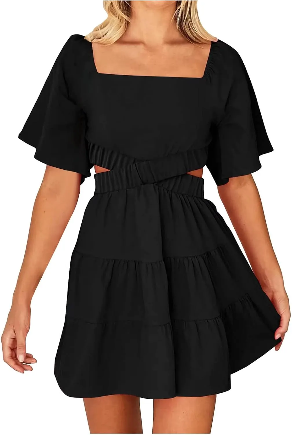 Ceboyel Women Square Neck Short Dress Cutout Tiered Summer Dresses Ruffle Casual Cute Mini Dress Vacation Outfits 2023