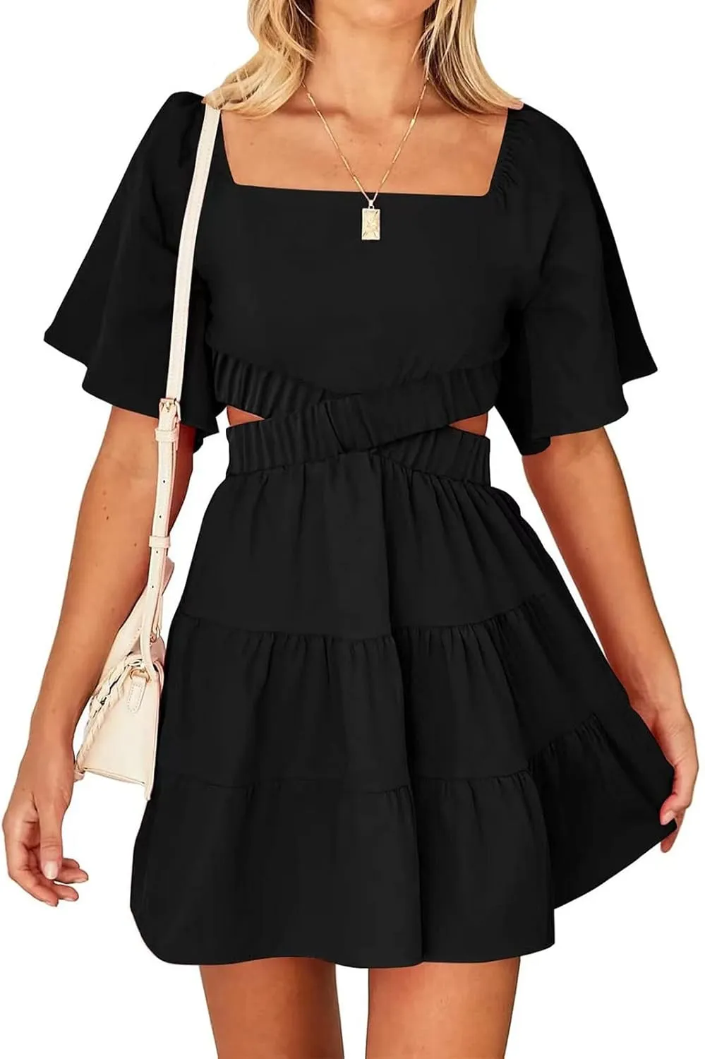 Ceboyel Women Square Neck Short Dress Cutout Tiered Summer Dresses Ruffle Casual Cute Mini Dress Vacation Outfits 2023