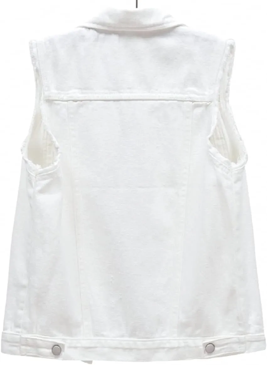 CHARTOU Women's Ripped Lapel Collar Button Up Sleeveless Frayed Denim Vest Jacket