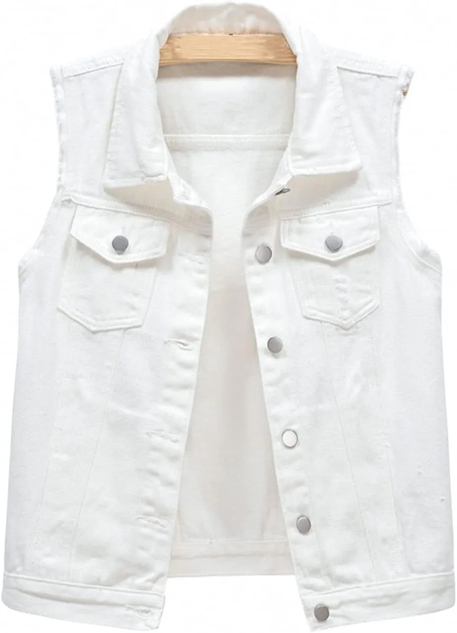 CHARTOU Women's Ripped Lapel Collar Button Up Sleeveless Frayed Denim Vest Jacket