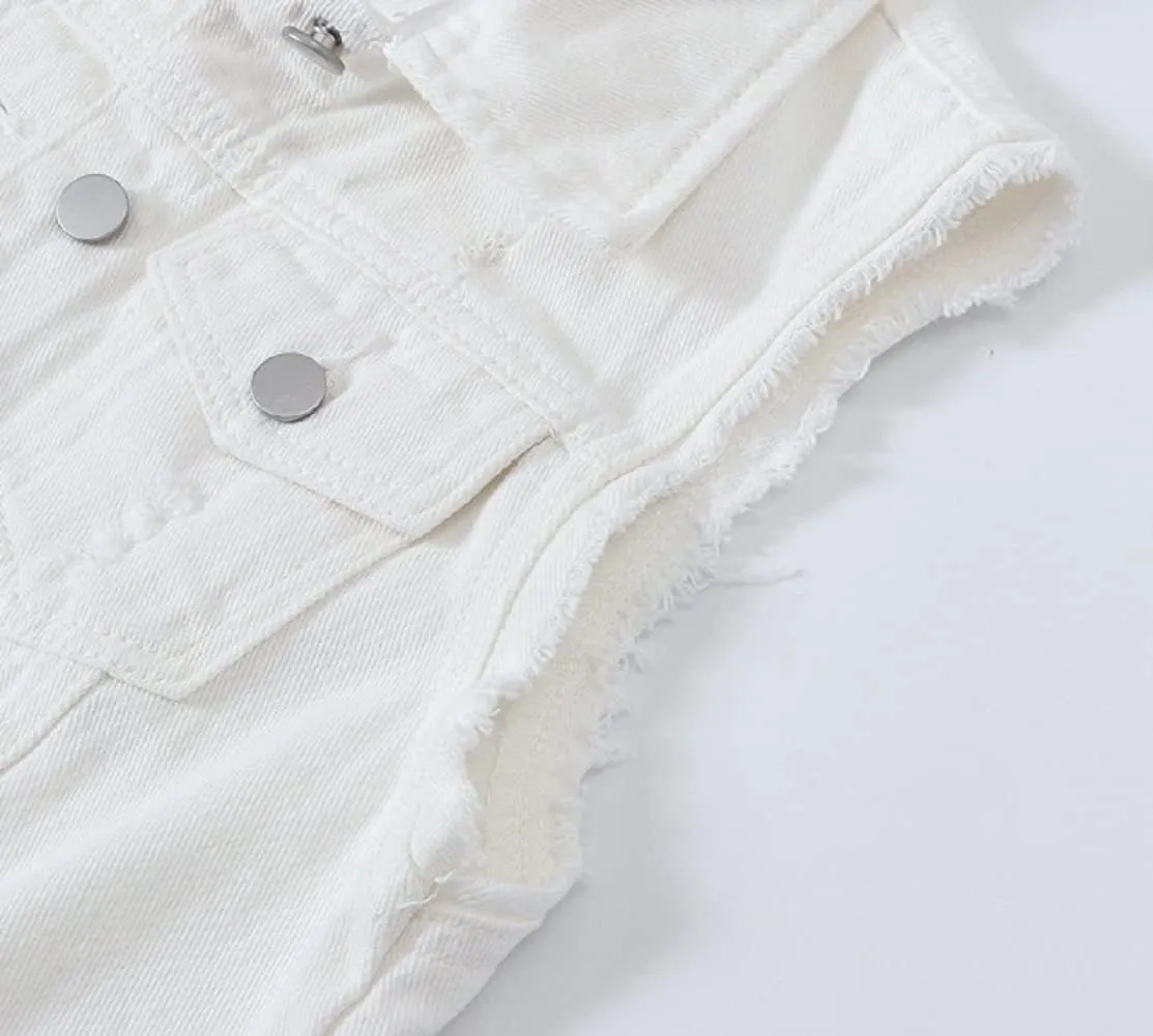 CHARTOU Women's Ripped Lapel Collar Button Up Sleeveless Frayed Denim Vest Jacket