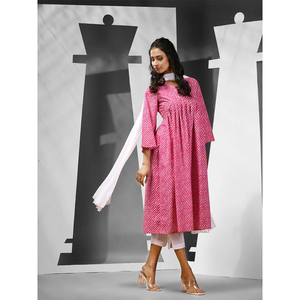 CHARUKRITI Magenta Cotton Leheriya Print Kurta with Pant & Dupatta (Set of 3)