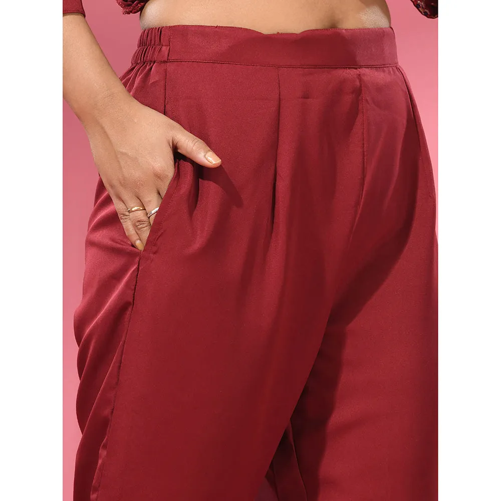 CHARUKRITI Maroon Crepe Printed Kurta & Straight Pants (Set of 2)