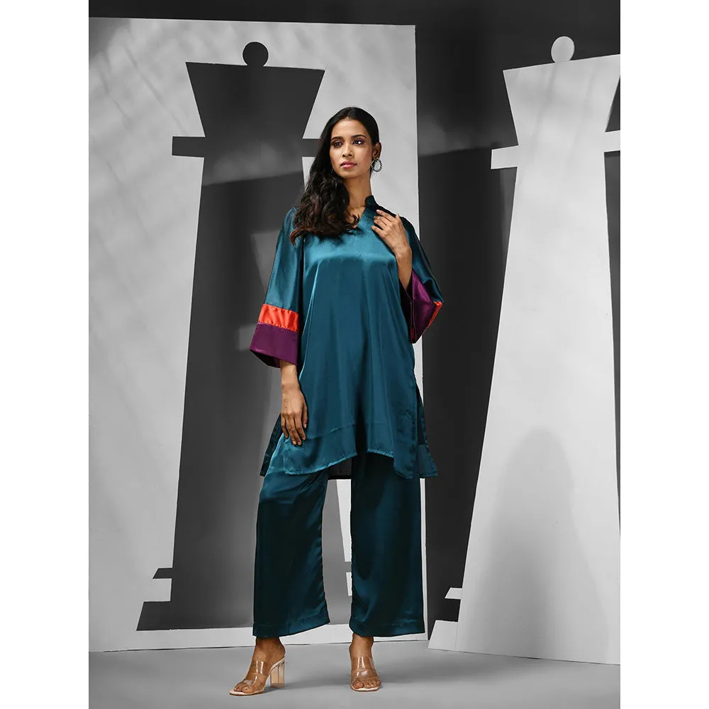 CHARUKRITI Teal Satin Solid Kurta with Palazzo (Set of 2)