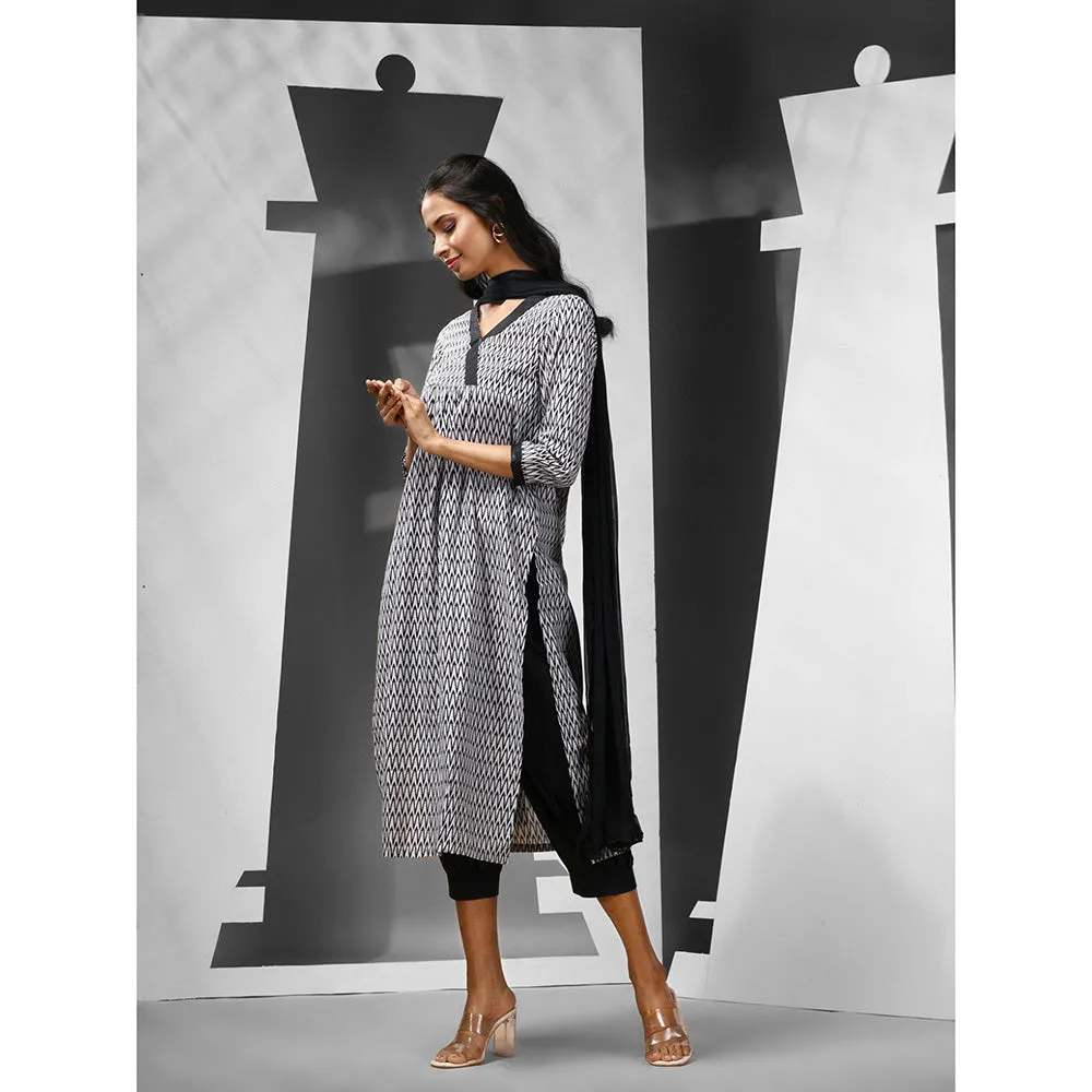 CHARUKRITI White & Black Geometric Printed Cotton Kurta with Salwar & Dupatta (Set of 3)