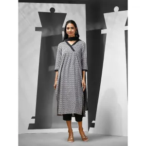 CHARUKRITI White & Black Geometric Printed Cotton Kurta with Salwar & Dupatta (Set of 3)