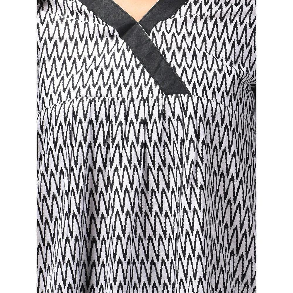 CHARUKRITI White & Black Geometric Printed Cotton Kurta with Salwar & Dupatta (Set of 3)