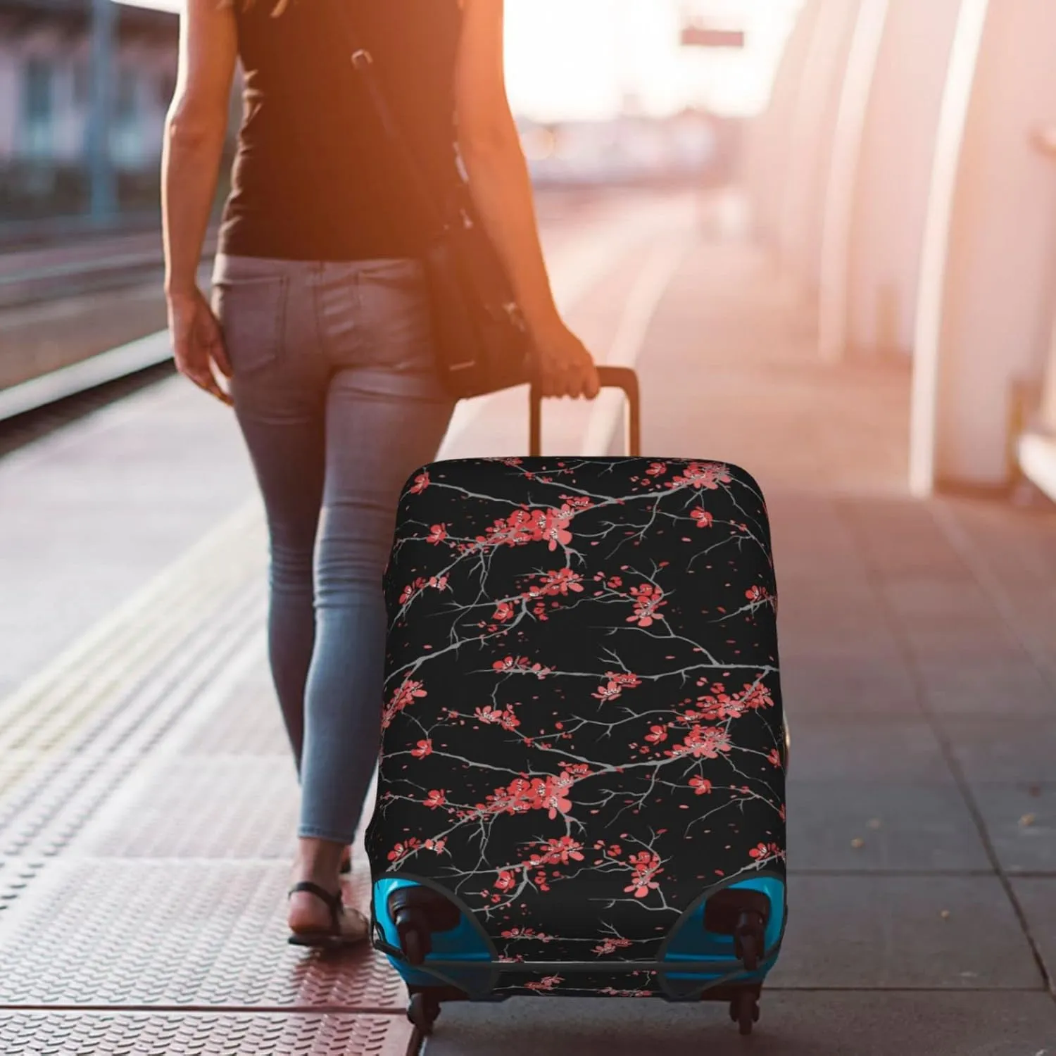 Cherry Blossom Pink Flowers Black Travel Luggage Cover Fits 18/24/28/32 Inch Luggage, Stretchy Suitcase Cover Protector with Concealed Zipper for Wheeled Suitcase Tsa Approved