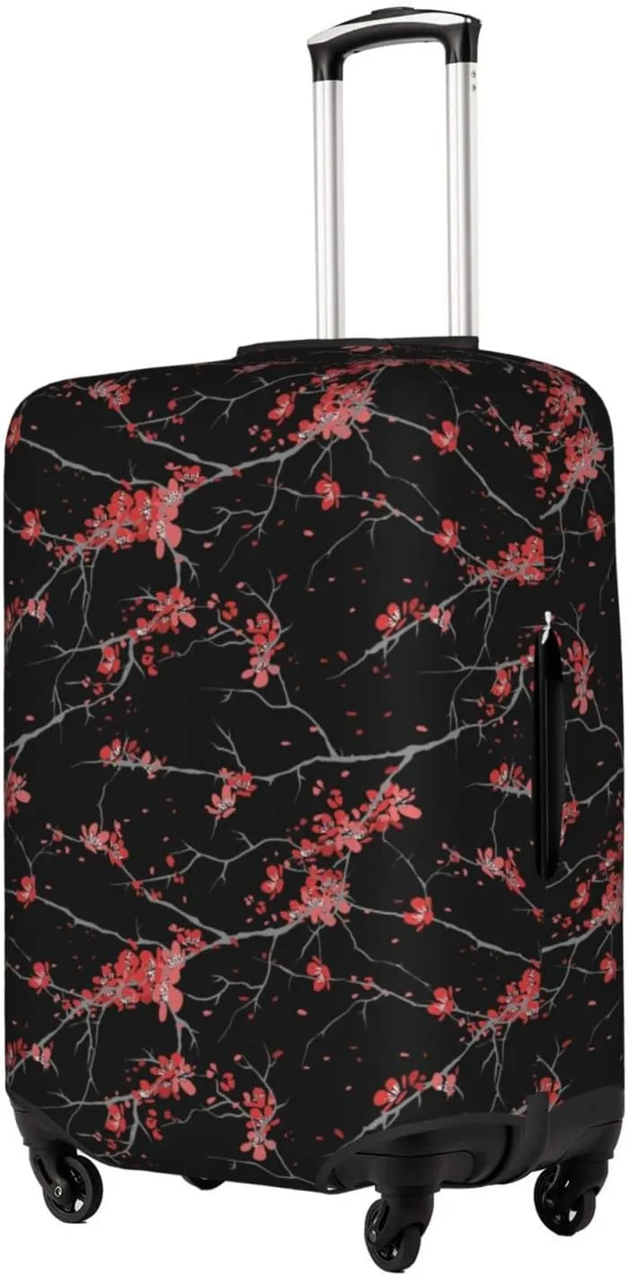 Cherry Blossom Pink Flowers Black Travel Luggage Cover Fits 18/24/28/32 Inch Luggage, Stretchy Suitcase Cover Protector with Concealed Zipper for Wheeled Suitcase Tsa Approved