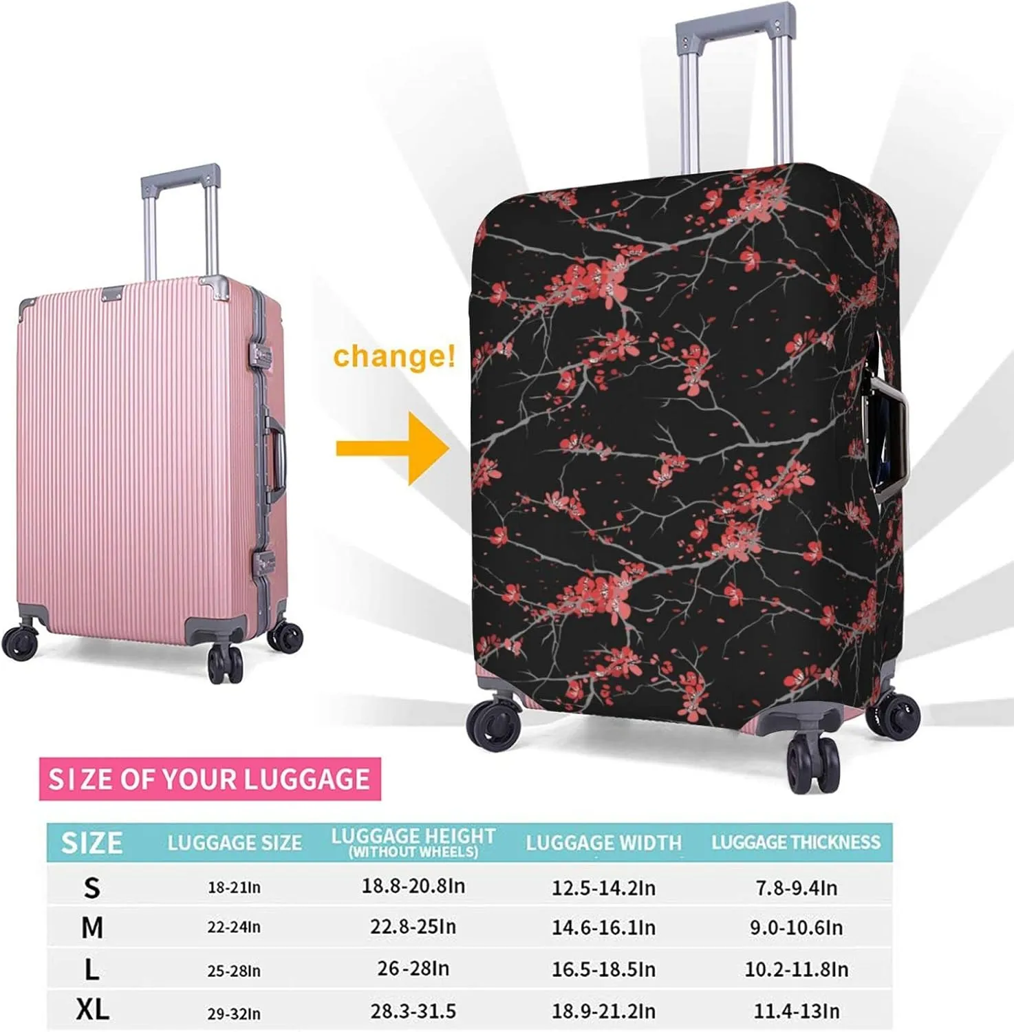 Cherry Blossom Pink Flowers Black Travel Luggage Cover Fits 18/24/28/32 Inch Luggage, Stretchy Suitcase Cover Protector with Concealed Zipper for Wheeled Suitcase Tsa Approved