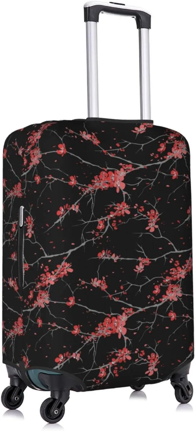 Cherry Blossom Pink Flowers Black Travel Luggage Cover Fits 18/24/28/32 Inch Luggage, Stretchy Suitcase Cover Protector with Concealed Zipper for Wheeled Suitcase Tsa Approved