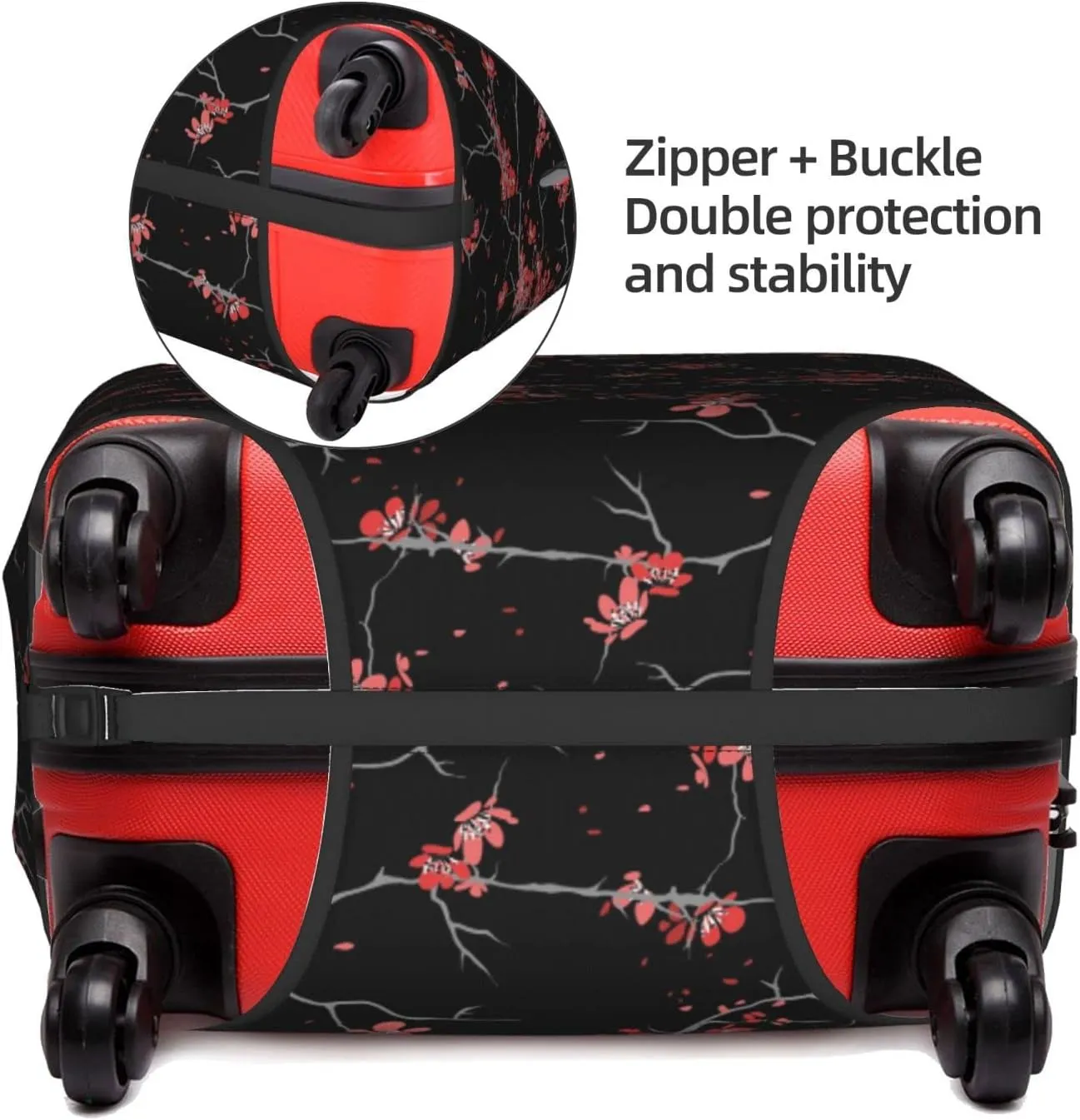Cherry Blossom Pink Flowers Black Travel Luggage Cover Fits 18/24/28/32 Inch Luggage, Stretchy Suitcase Cover Protector with Concealed Zipper for Wheeled Suitcase Tsa Approved