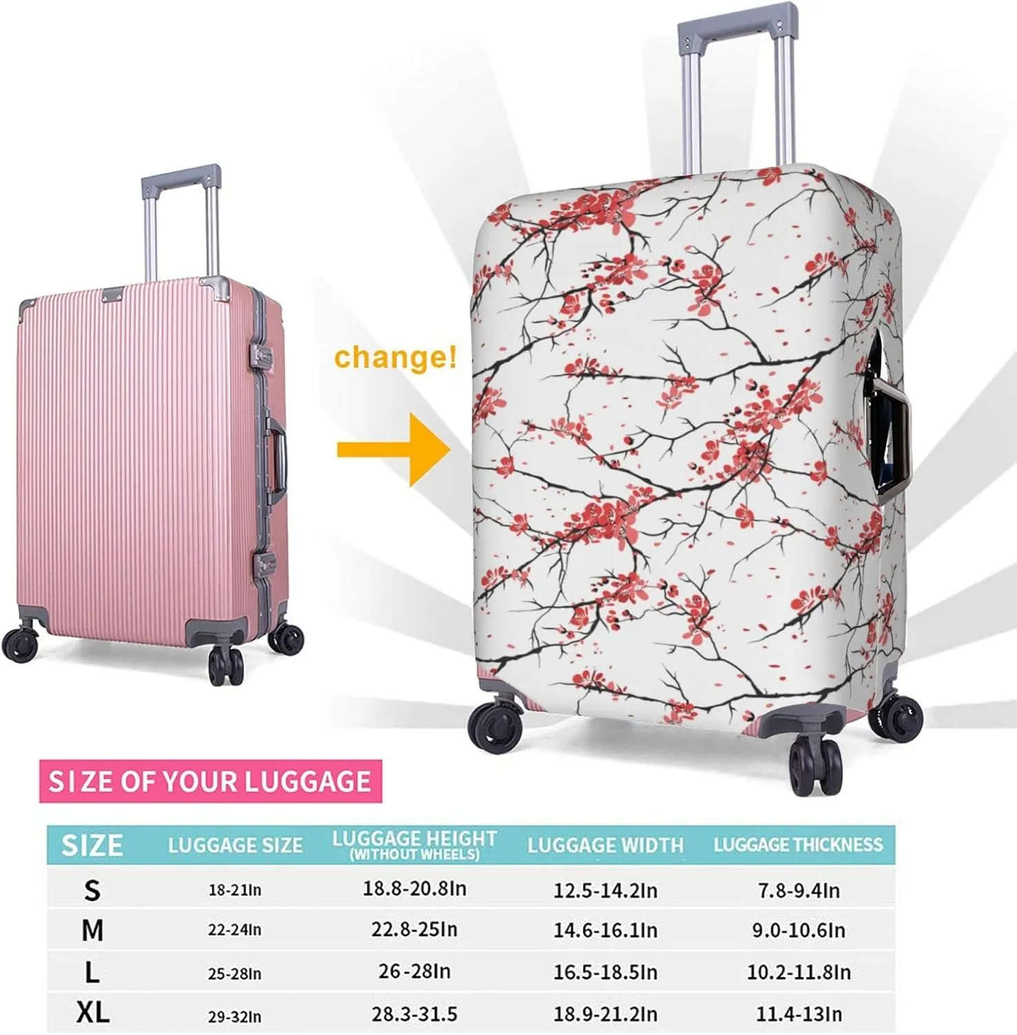 Cherry Blossoms Flower Travel Luggage Cover Fits 18-32 Inch Luggage, Washable Suitcase Cover Protector with Concealed Zipper for Wheeled Suitcase Tsa Approved