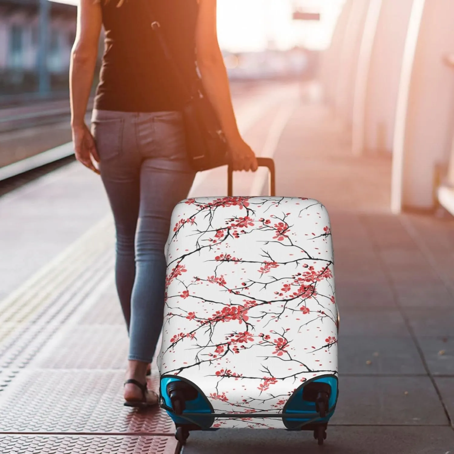 Cherry Blossoms Flower Travel Luggage Cover Fits 18-32 Inch Luggage, Washable Suitcase Cover Protector with Concealed Zipper for Wheeled Suitcase Tsa Approved