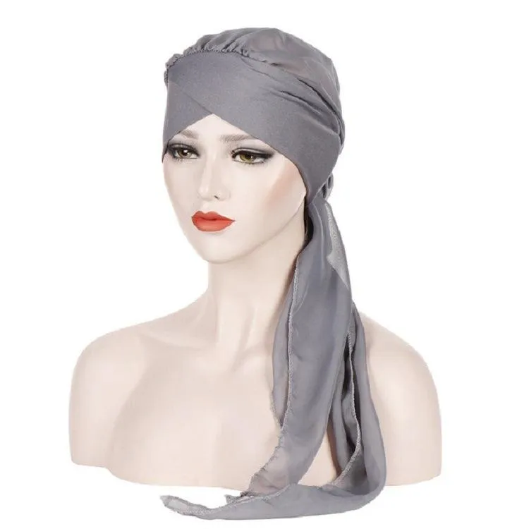 Chic Chiffon Long Tail Turban Hat for Women with Forehead Cross Design