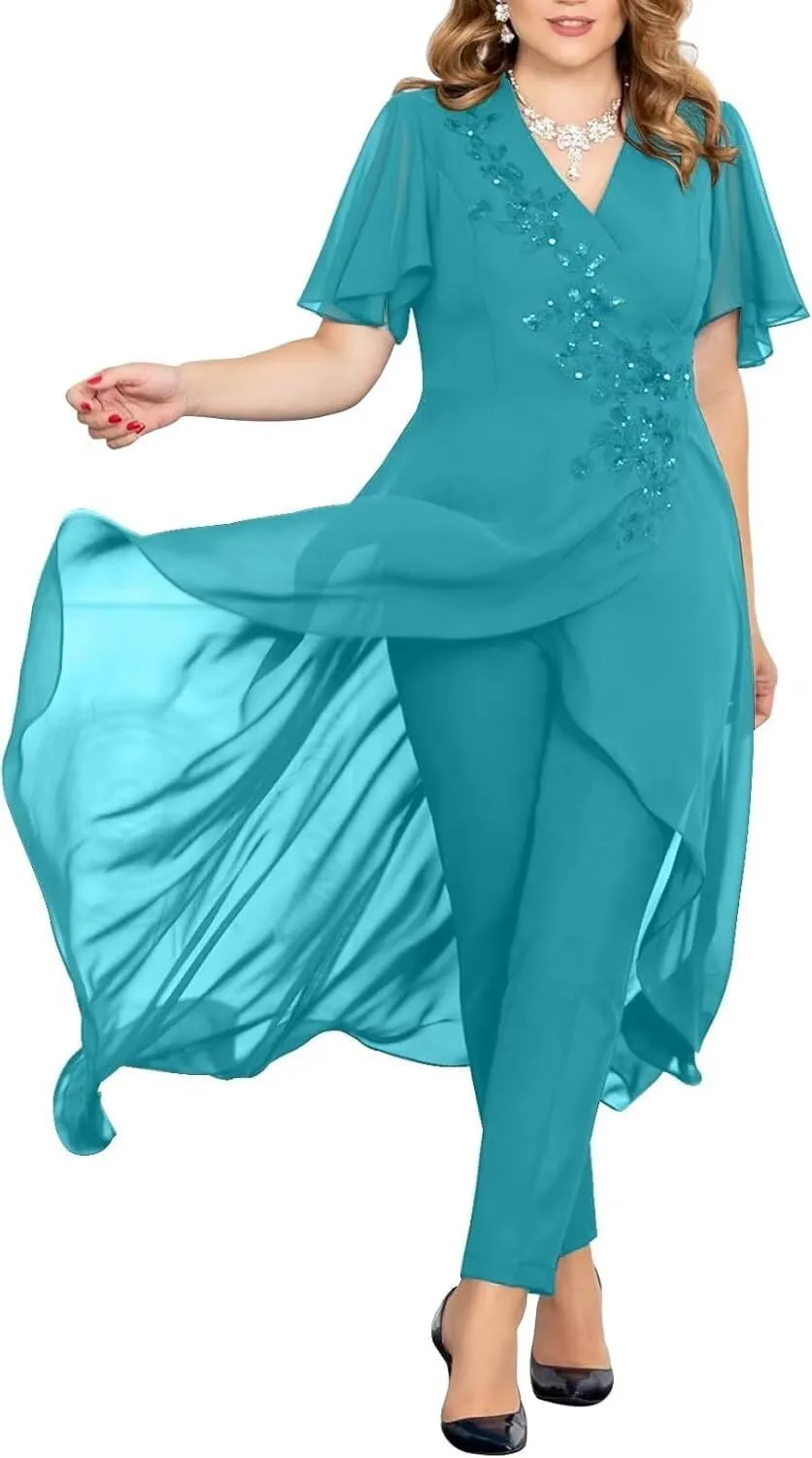 Chiffon Beaded Pantsuits for Women 2 Pieces Mother of The Bride Dresses V Neck Pant Suits for Weeding