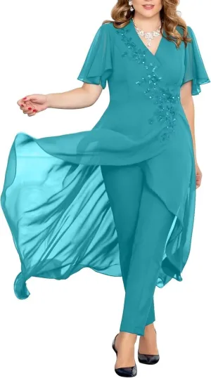 Chiffon Beaded Pantsuits for Women 2 Pieces Mother of The Bride Dresses V Neck Pant Suits for Weeding