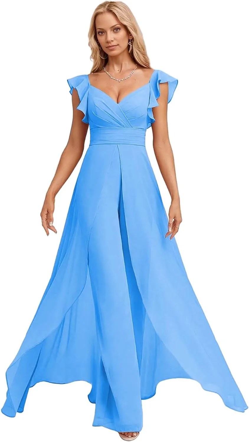Chiffon Bridesmaid Jumpsuit for Women V Neck Elegant Wedding Guest Jumpsuit Pleated Formal Outfit