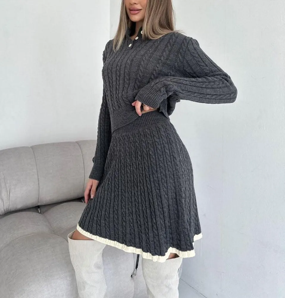 chouyatou Women's Cable Knit 2 Piece Outfits Long Sleeve Polo Sweater and Elastic Waist Pleated Mini Skirt Sets
