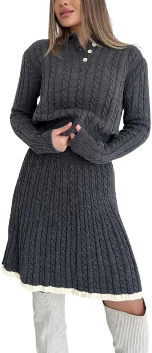 chouyatou Women's Cable Knit 2 Piece Outfits Long Sleeve Polo Sweater and Elastic Waist Pleated Mini Skirt Sets