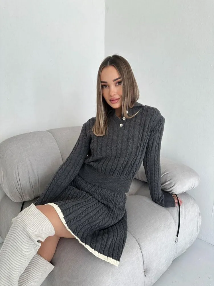 chouyatou Women's Cable Knit 2 Piece Outfits Long Sleeve Polo Sweater and Elastic Waist Pleated Mini Skirt Sets