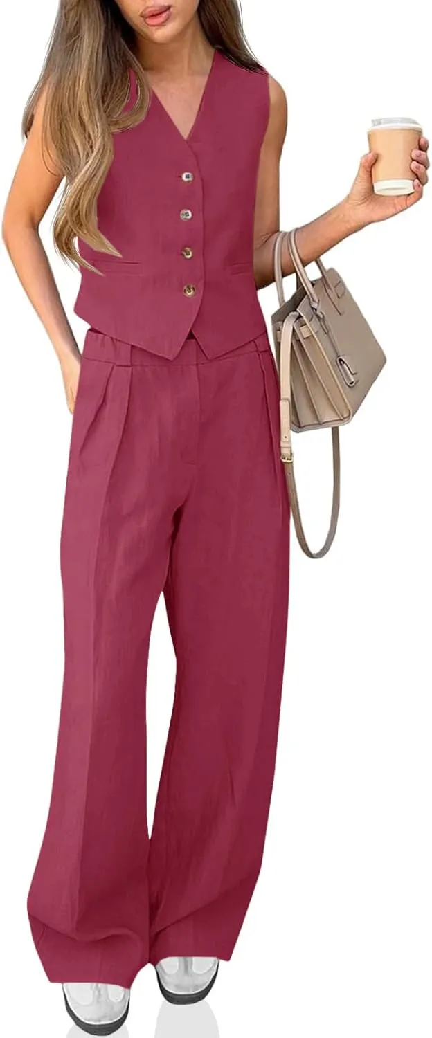 Cicy Bell Women's 2 Piece Outfits Crop Vest and Wide Leg Suit Pants Sets V Neck Blazer Suit
