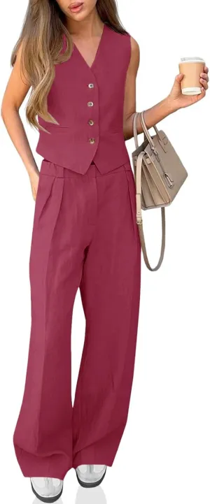 Cicy Bell Women's 2 Piece Outfits Crop Vest and Wide Leg Suit Pants Sets V Neck Blazer Suit