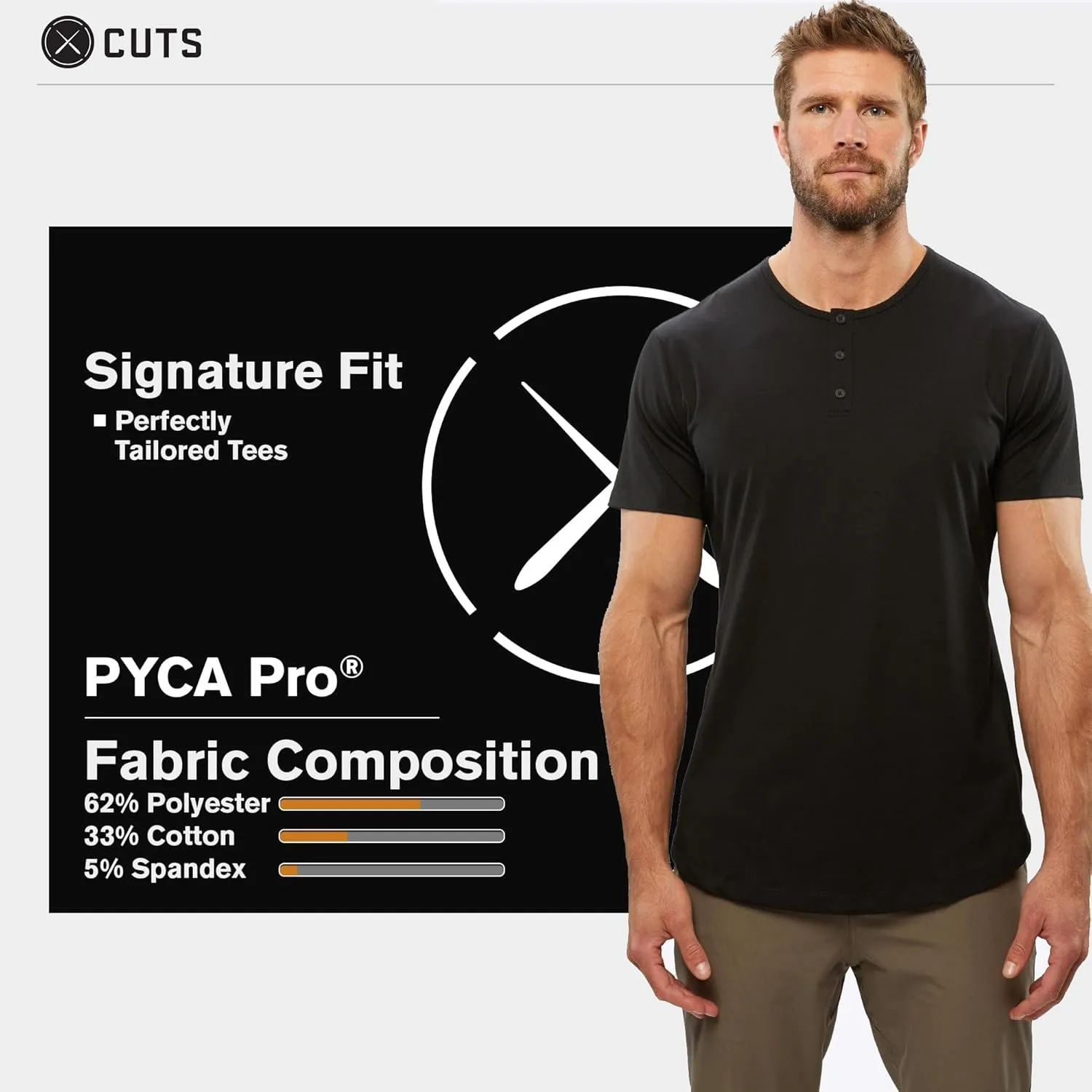 Clothing Men's Premium AO Henley Casual Short Sleeve T-Shirt | Classic Curve-Hem | PYCA Pro Soft Fabric