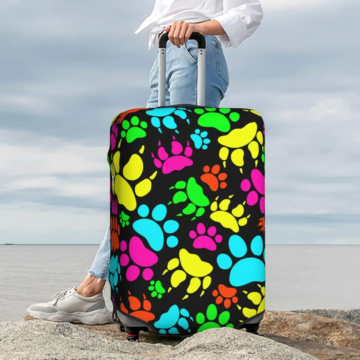 Colorful Dogs Paws Elastic Suitcase Cover Scratch Resistant Luggage Case Travel Luggage Protector for Men Women S 18-21 inch