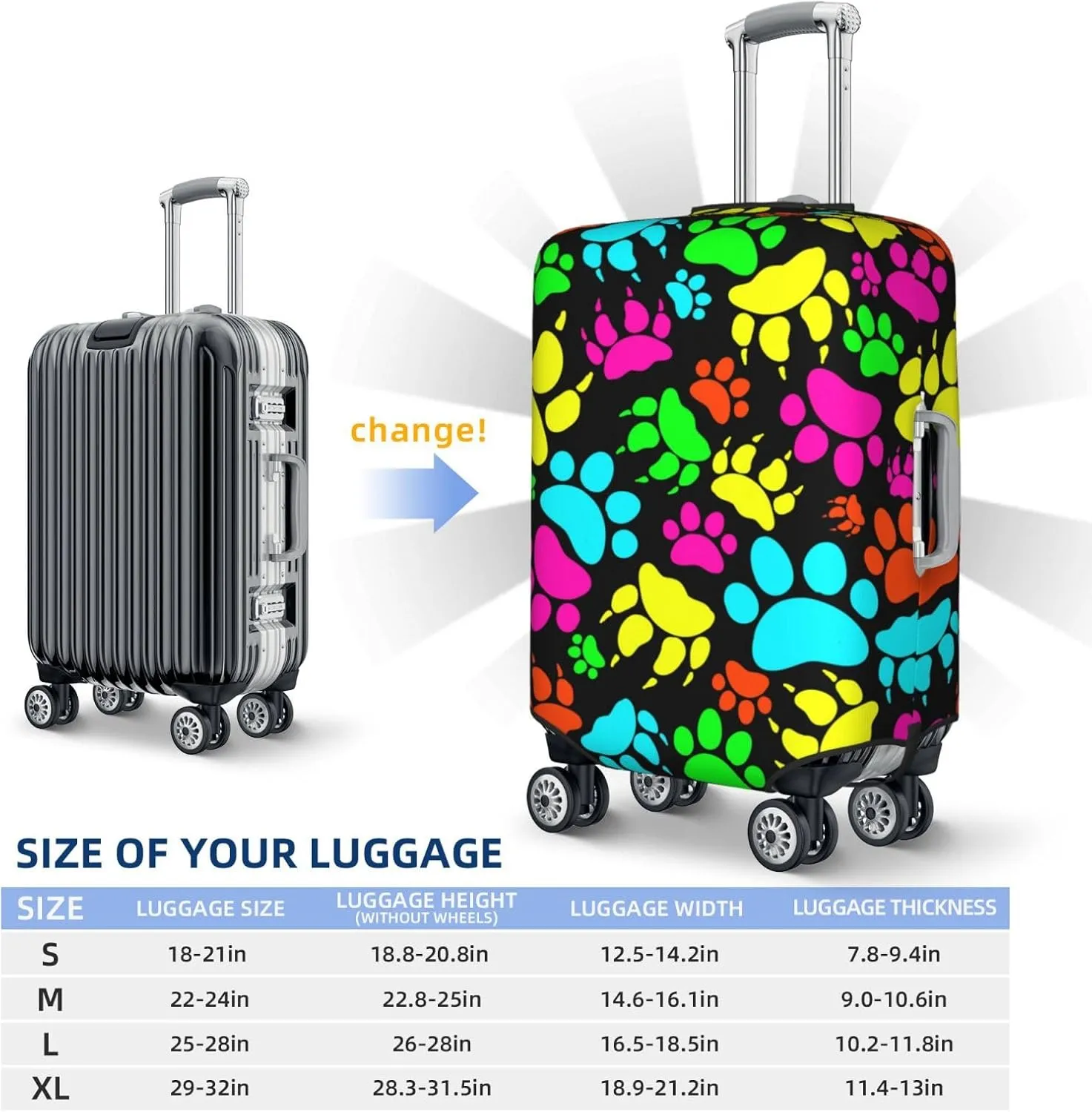 Colorful Dogs Paws Elastic Suitcase Cover Scratch Resistant Luggage Case Travel Luggage Protector for Men Women S 18-21 inch
