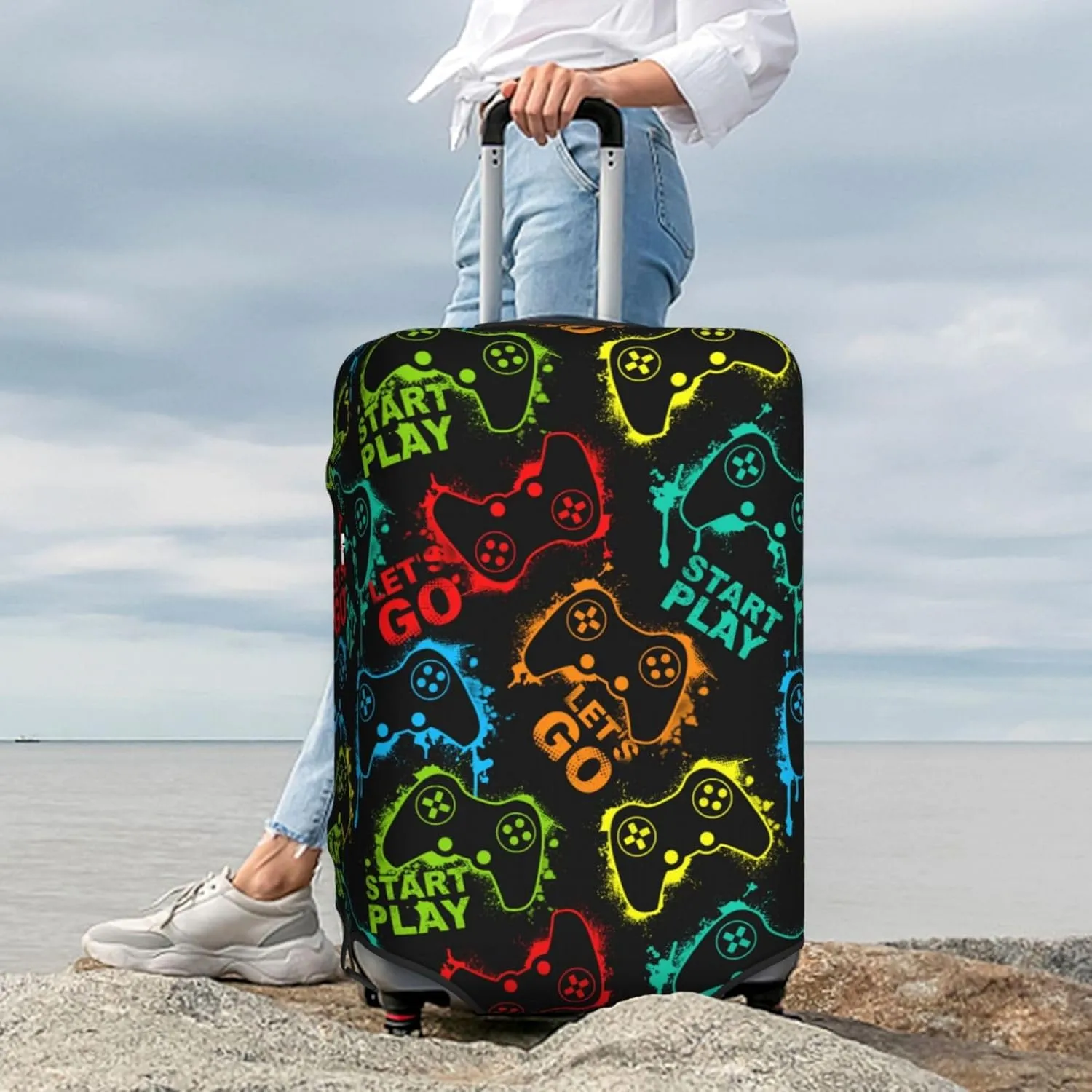 Colorful Game Joystick Luggage Suitcase Covers Elastic Washable Fashionable And Cool Luggage Protector Travel Suitcase Protective Cover For Kid And Adult, M (Fit 22-24 Inch Luggage)