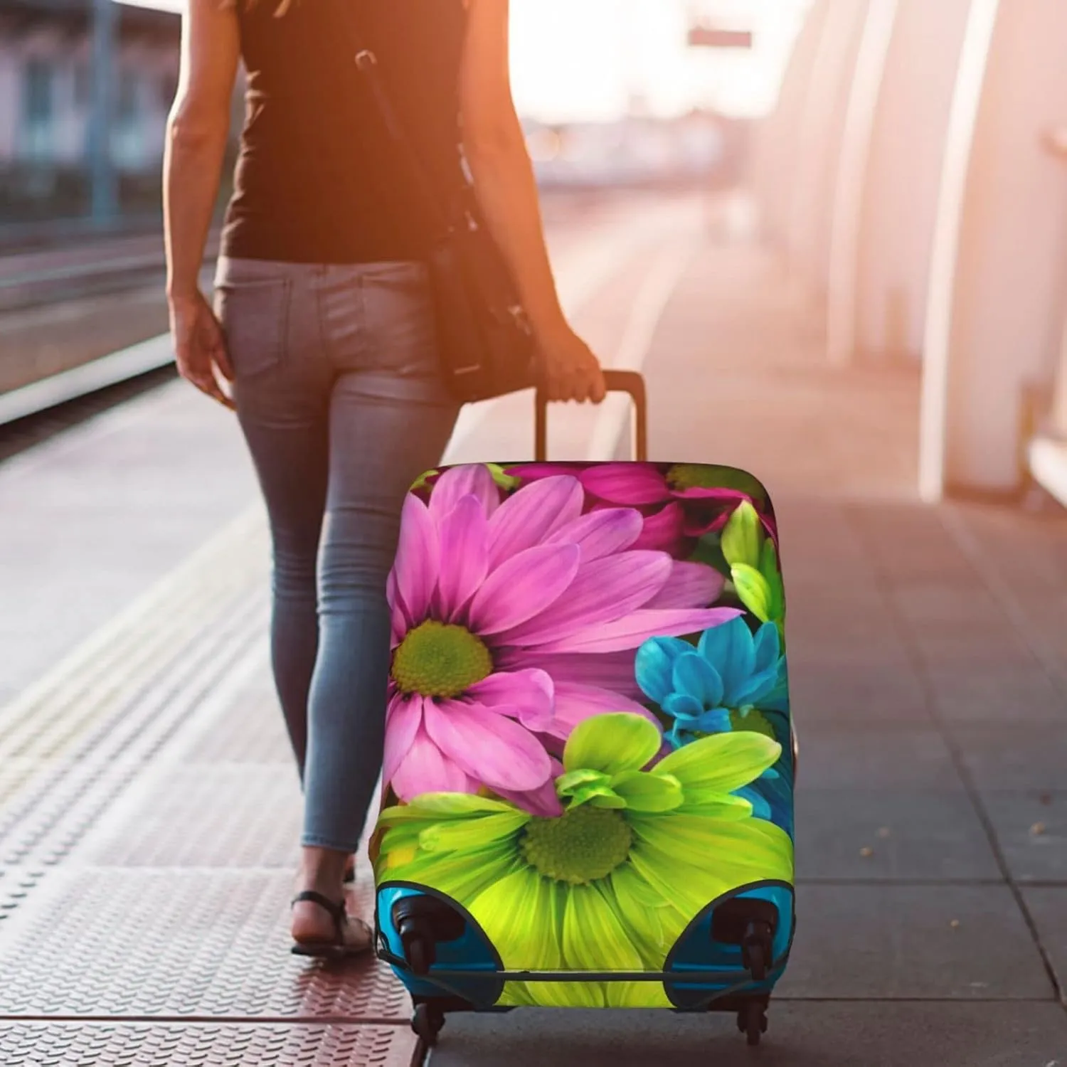 Colorful Sunflowers Travel Luggage Cover Fits 18-32 Inch Luggage, Elastic Suitcase Cover Protector with Concealed Zipper for Wheeled Suitcase Tsa Approved
