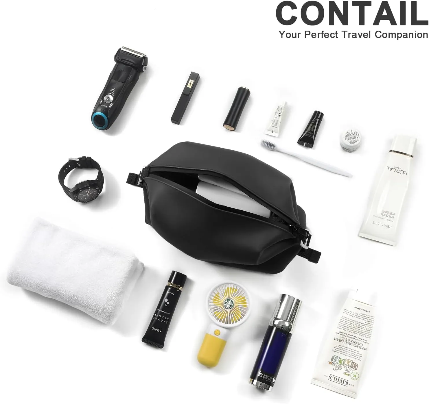 CONTAIL 6.5" 3L Silicone Toiletry Bag with 3 Mesh Pocket,Water-resistant Mens Dopp Kit,Foldable Shaving Bag for Toiletries Accessories,Black