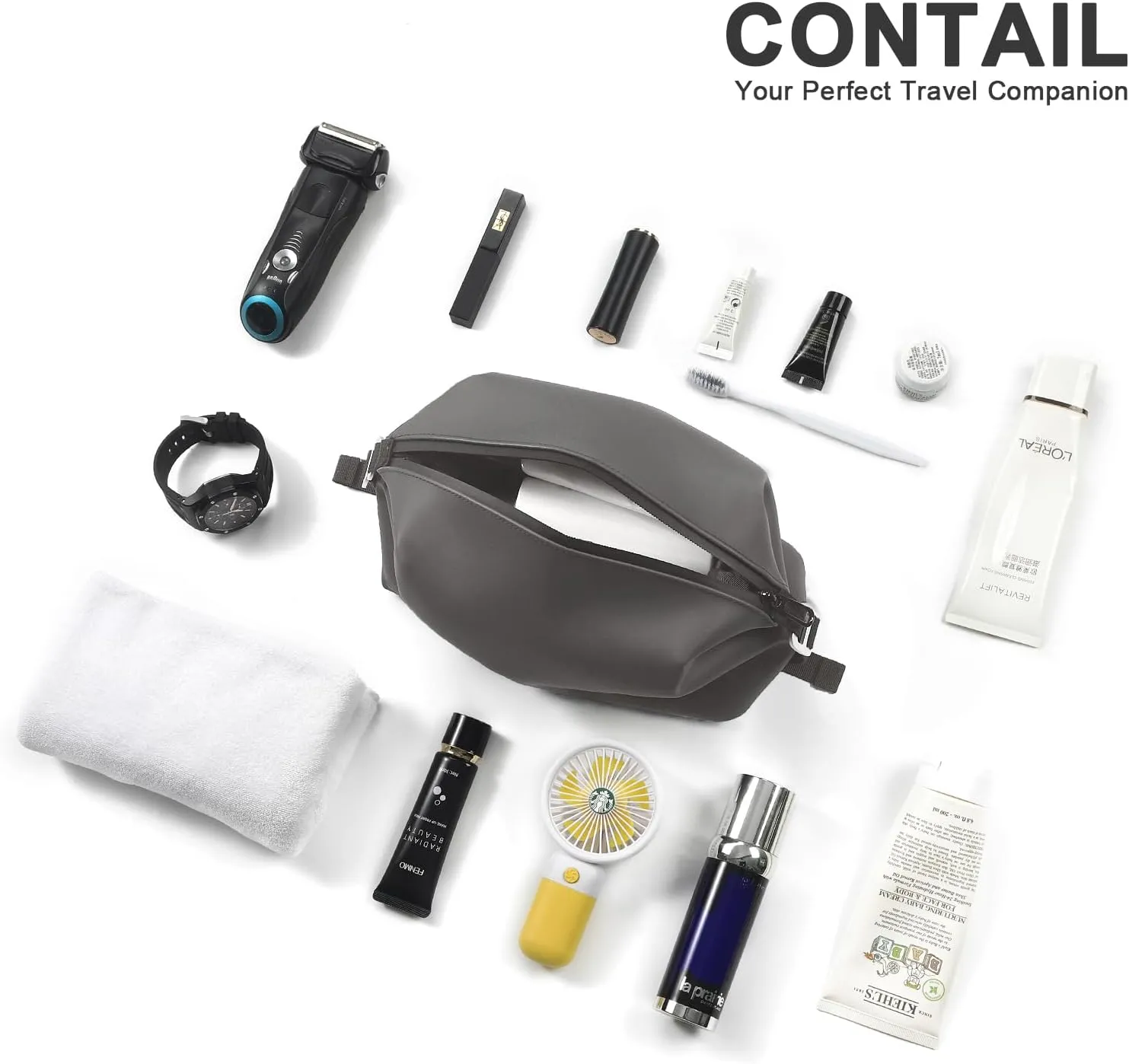 CONTAIL 6.5" 3L Silicone Toiletry Bag with 3 Mesh Pocket,Water-resistant Mens Dopp Kit,Foldable Shaving Bag for Toiletries Accessories,Grey