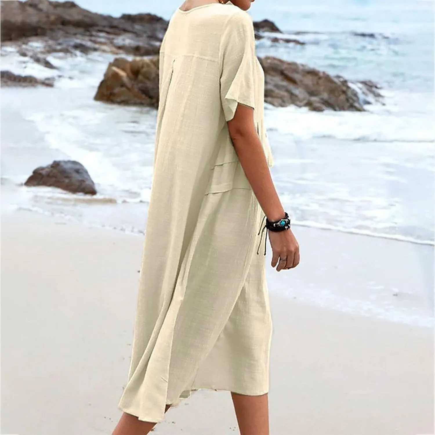 Cotton Linen Dress for Women's Short Sleeve Casual Loose Shift Flowy Summer Midi Dresses Beach Sundresses with Pockets