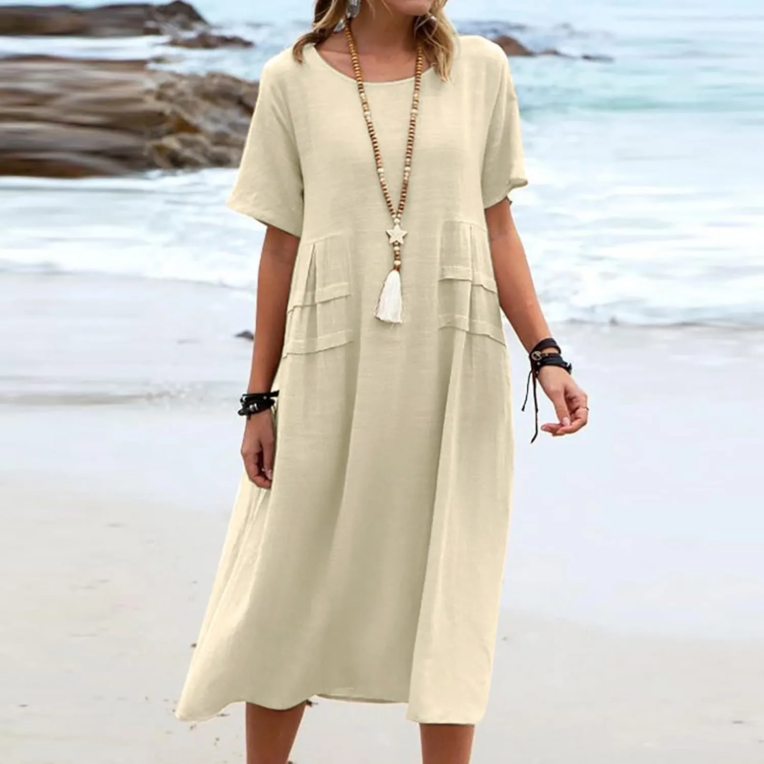 Cotton Linen Dress for Women's Short Sleeve Casual Loose Shift Flowy Summer Midi Dresses Beach Sundresses with Pockets