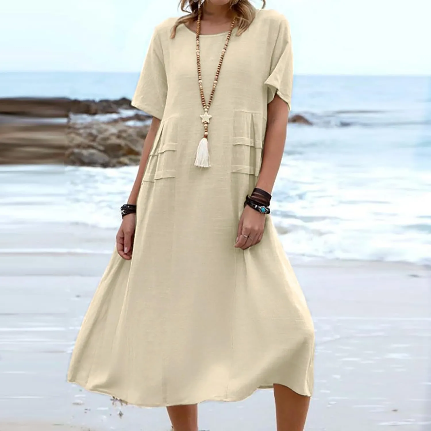 Cotton Linen Dress for Women's Short Sleeve Casual Loose Shift Flowy Summer Midi Dresses Beach Sundresses with Pockets