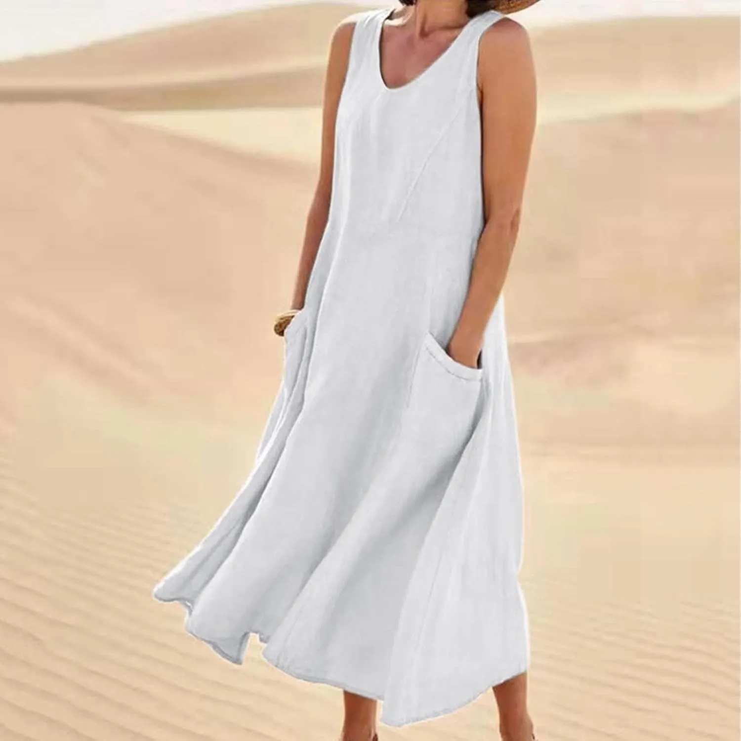 Cotton Linen Maxi Dress for Women 2025 Summer Boho Casual Beach Dresses Sleeveless Solid Long Dress Vacation Outfits