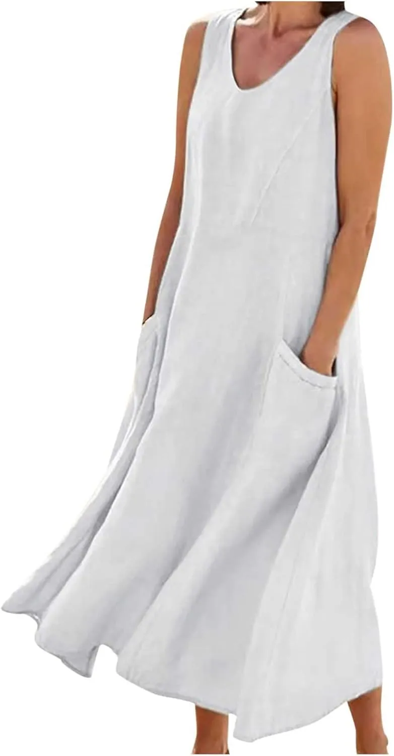 Cotton Linen Maxi Dress for Women 2025 Summer Boho Casual Beach Dresses Sleeveless Solid Long Dress Vacation Outfits