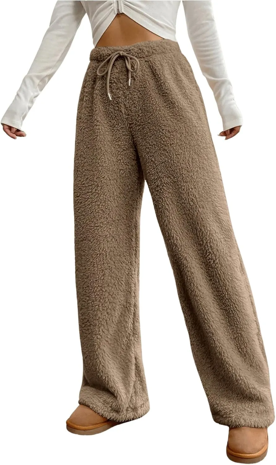 COZYEASE Women's Drawstring Waist Teddy Wide Leg Pants Loose Fuzzy Pants Casual Trousers