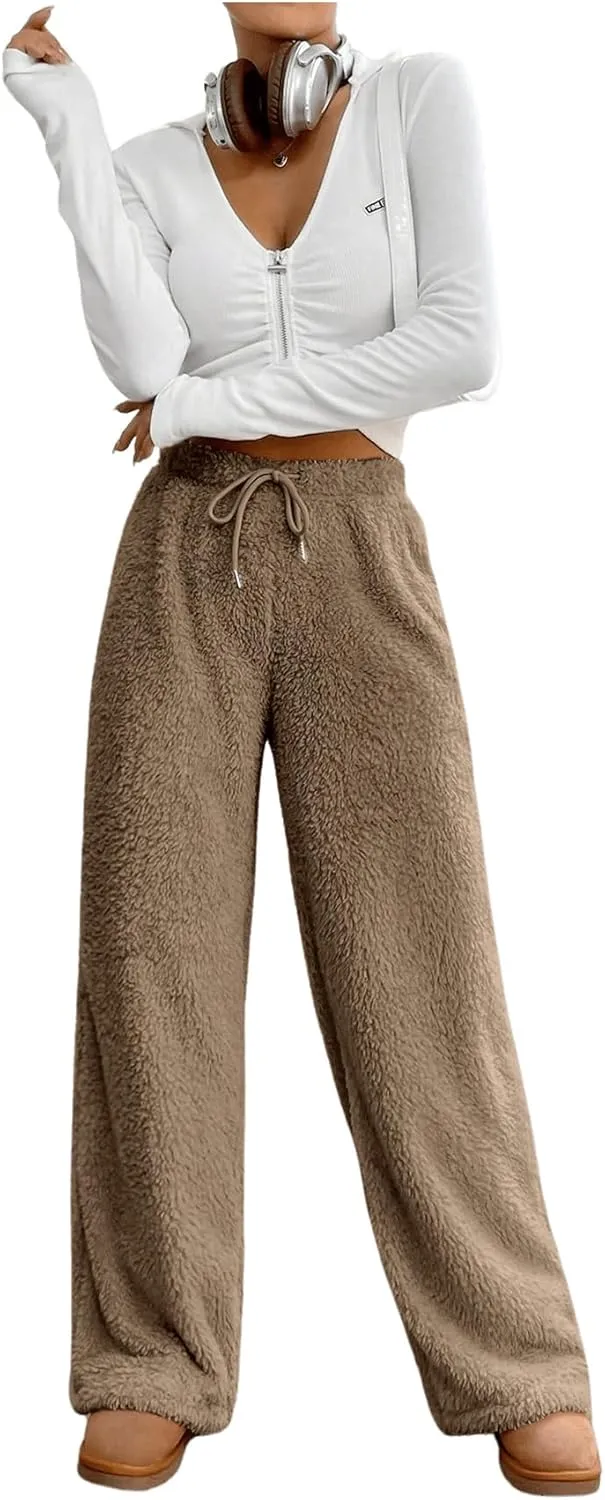 COZYEASE Women's Drawstring Waist Teddy Wide Leg Pants Loose Fuzzy Pants Casual Trousers