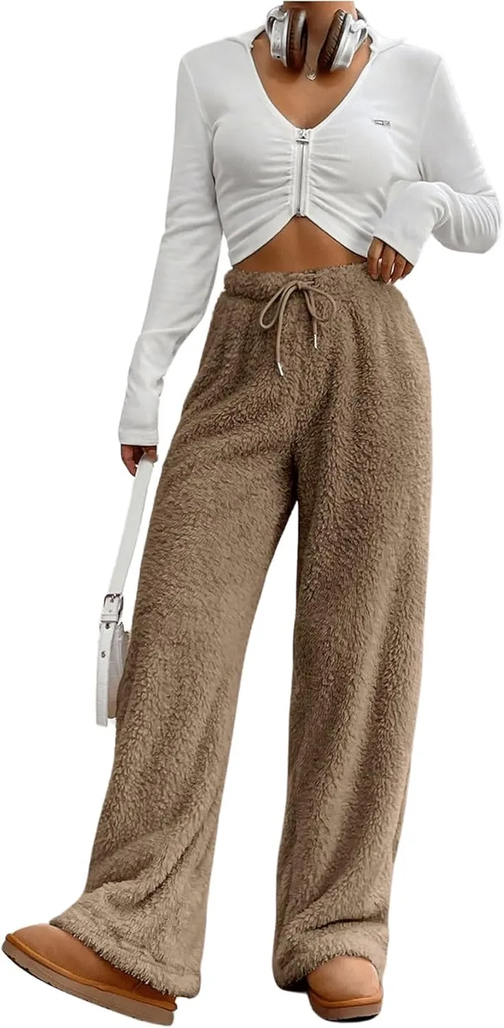 COZYEASE Women's Drawstring Waist Teddy Wide Leg Pants Loose Fuzzy Pants Casual Trousers