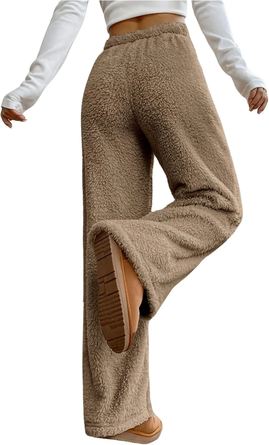 COZYEASE Women's Drawstring Waist Teddy Wide Leg Pants Loose Fuzzy Pants Casual Trousers
