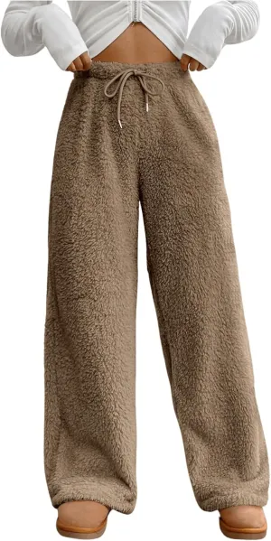 COZYEASE Women's Drawstring Waist Teddy Wide Leg Pants Loose Fuzzy Pants Casual Trousers
