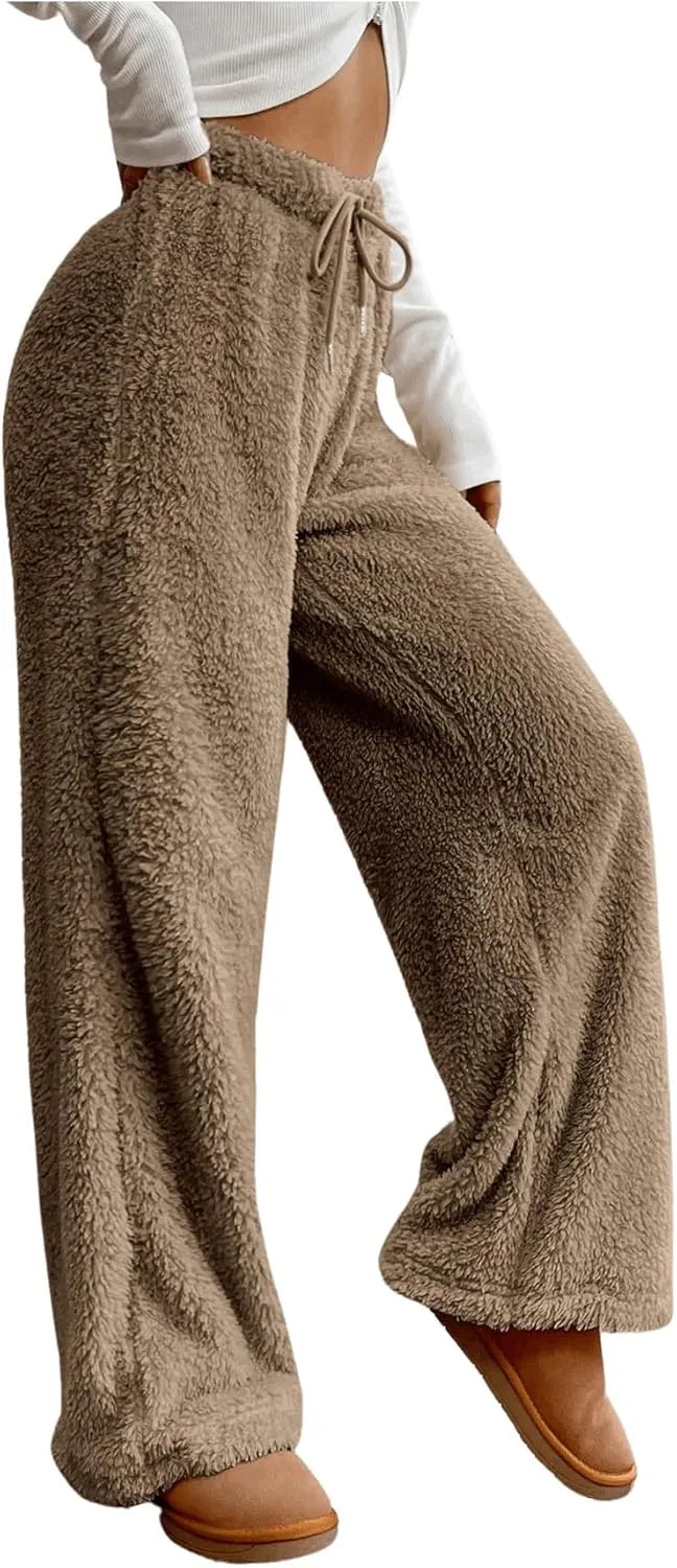 COZYEASE Women's Drawstring Waist Teddy Wide Leg Pants Loose Fuzzy Pants Casual Trousers