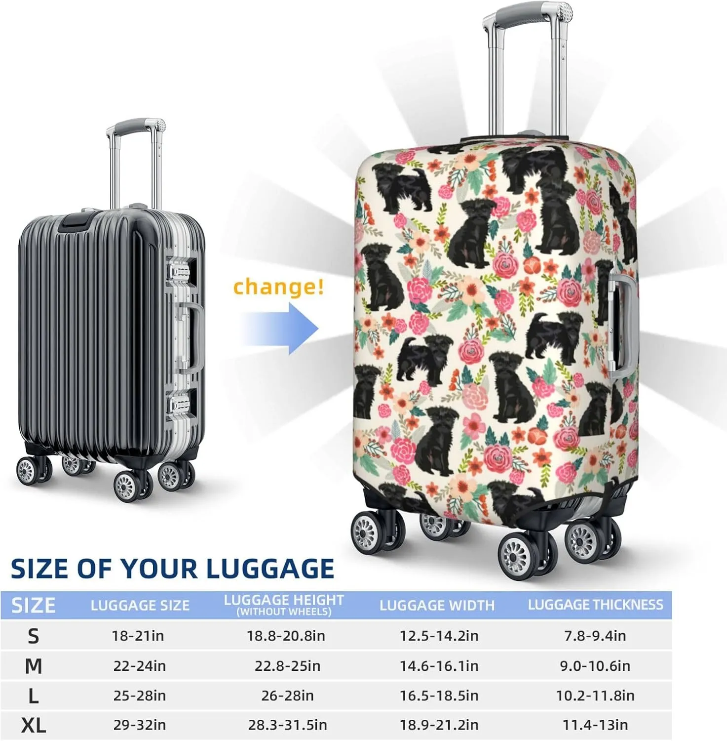 Cute Affenpinscher Dog Puppy Flowers Florals Print Travel Suitcase Protector Cover Elastic Washable Stretch Suitcase Protective Anti-Scratch Luggage Covers For Men Women Outdoor Travel Accessories