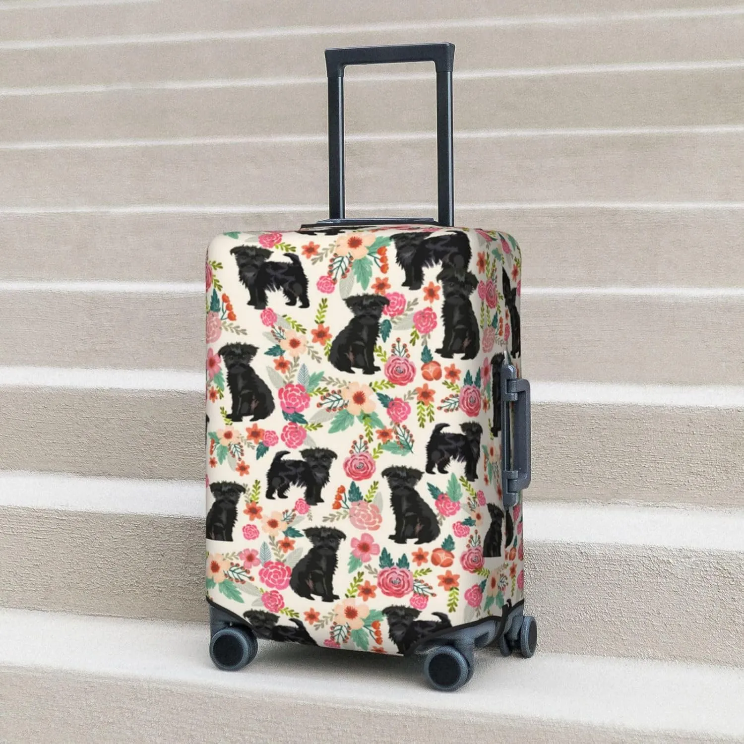 Cute Affenpinscher Dog Puppy Flowers Florals Print Travel Suitcase Protector Cover Elastic Washable Stretch Suitcase Protective Anti-Scratch Luggage Covers For Men Women Outdoor Travel Accessories